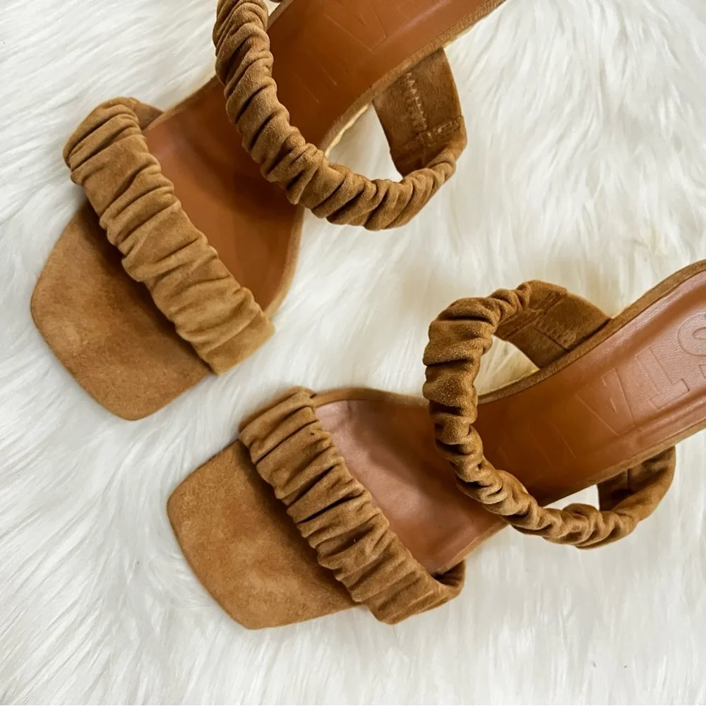 STAUD Tan Suede Frankie Ruched Leather Caramel Wedges Strappy Sandals sz. 9